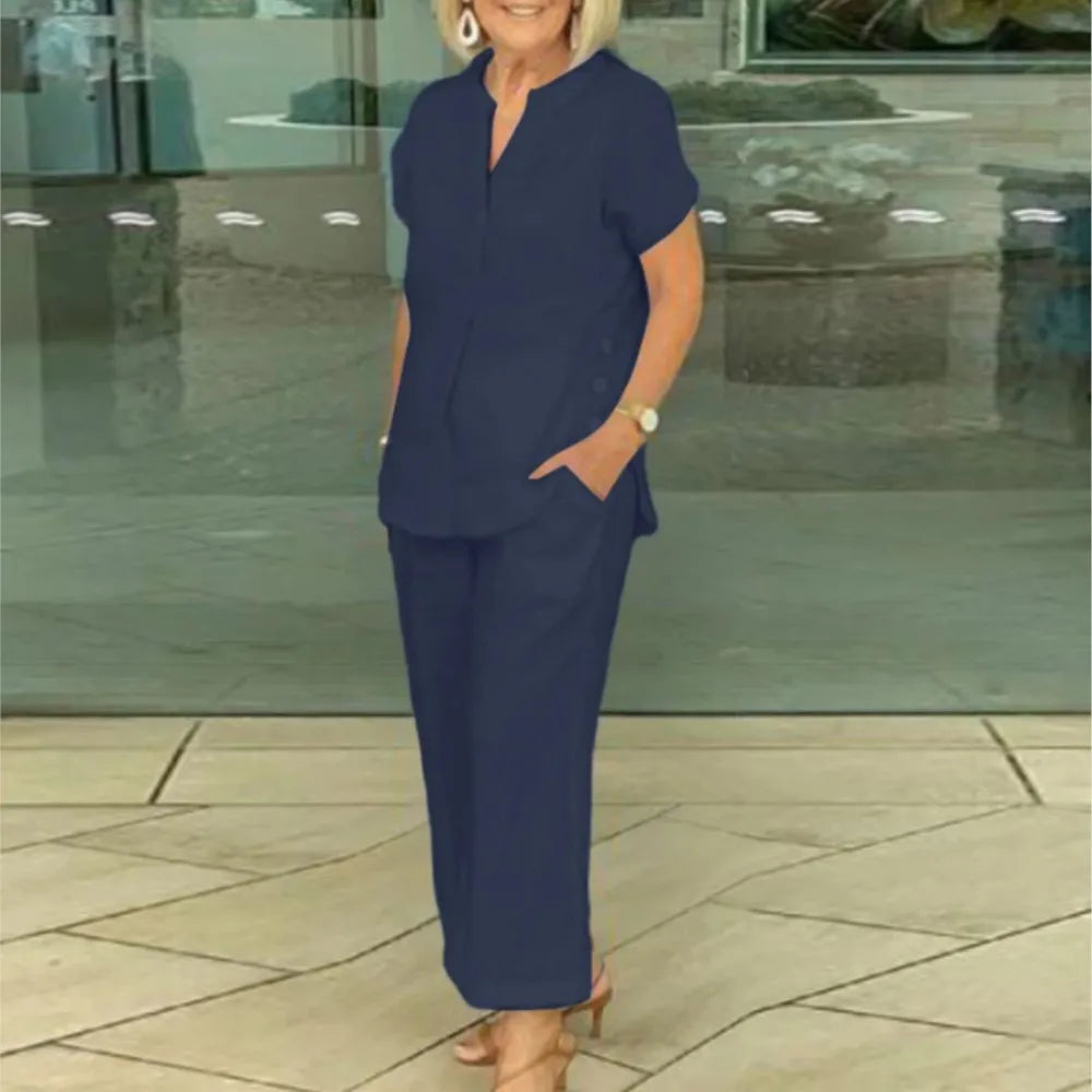 Conjunto Feminino de Camisa de Algodão e Linho