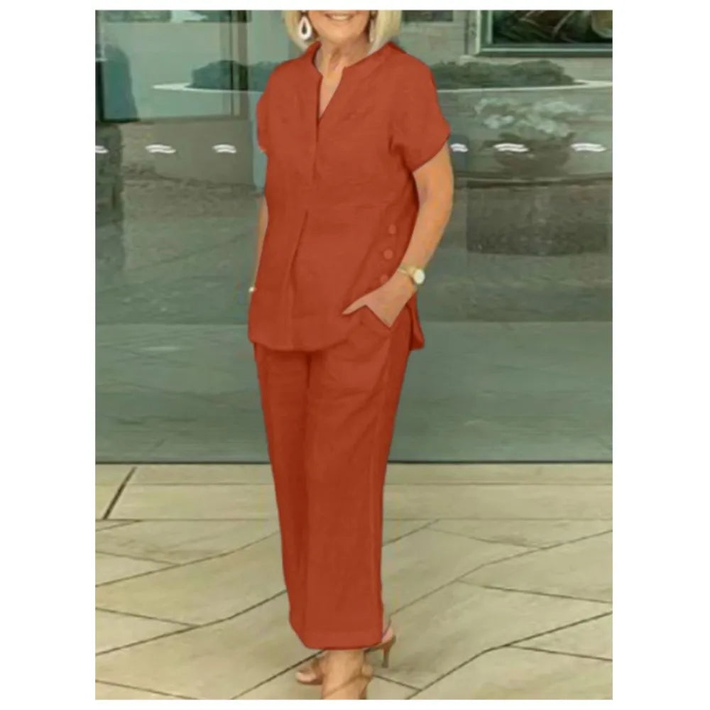 Conjunto Feminino de Camisa de Algodão e Linho