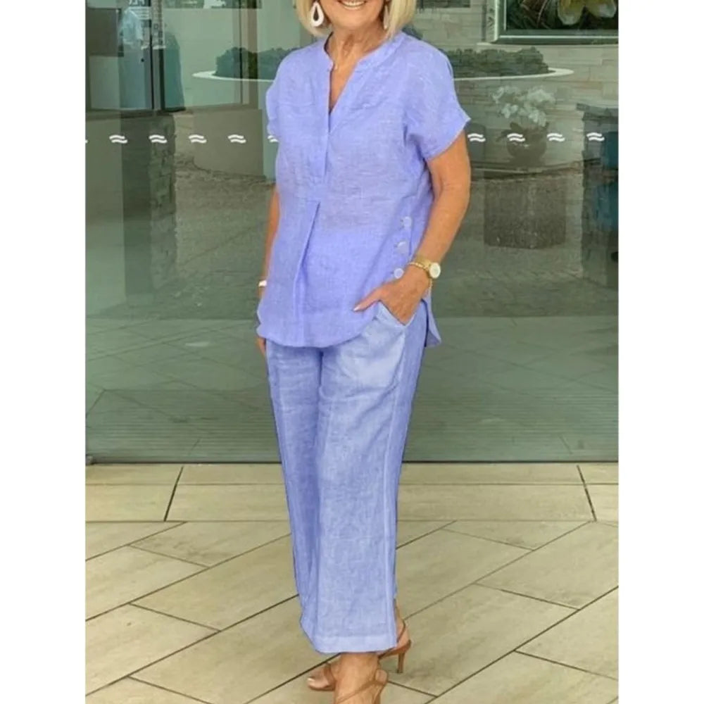 Conjunto Feminino de Camisa de Algodão e Linho