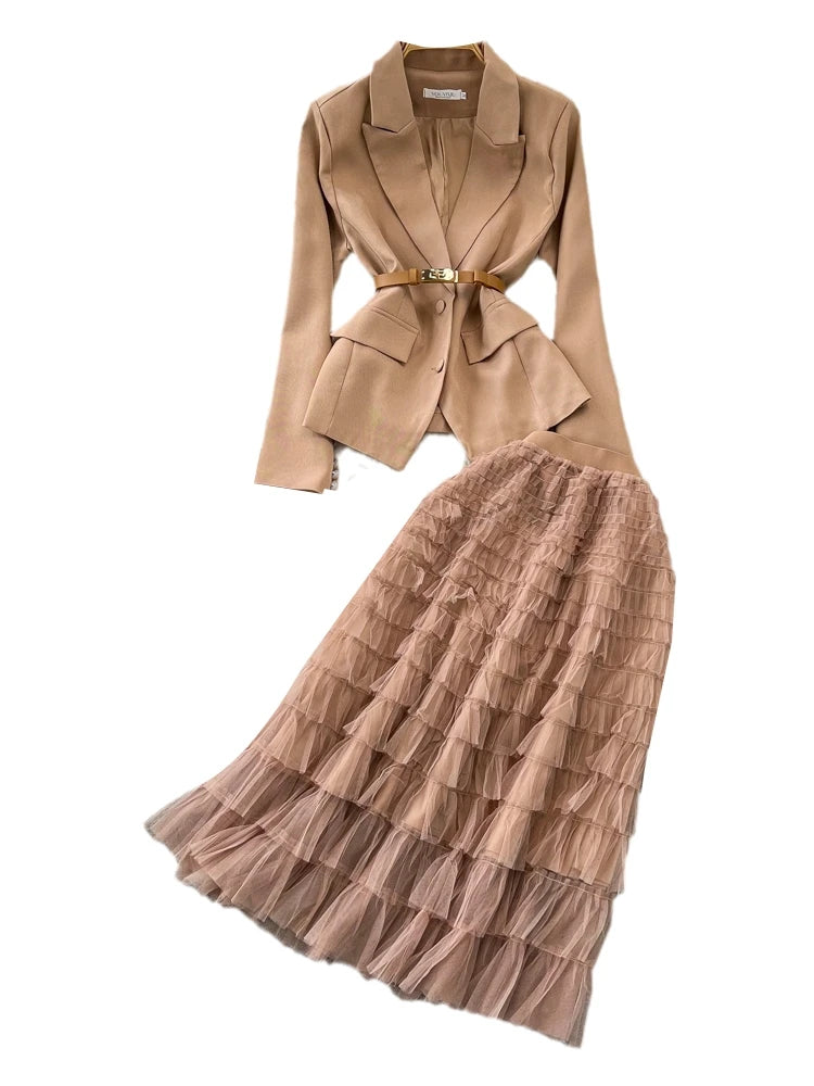 Conjunto de Saia Faionable Cintura Alta em Camadas