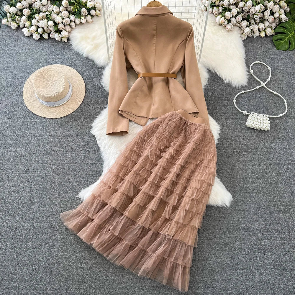 Conjunto de Saia Faionable Cintura Alta em Camadas