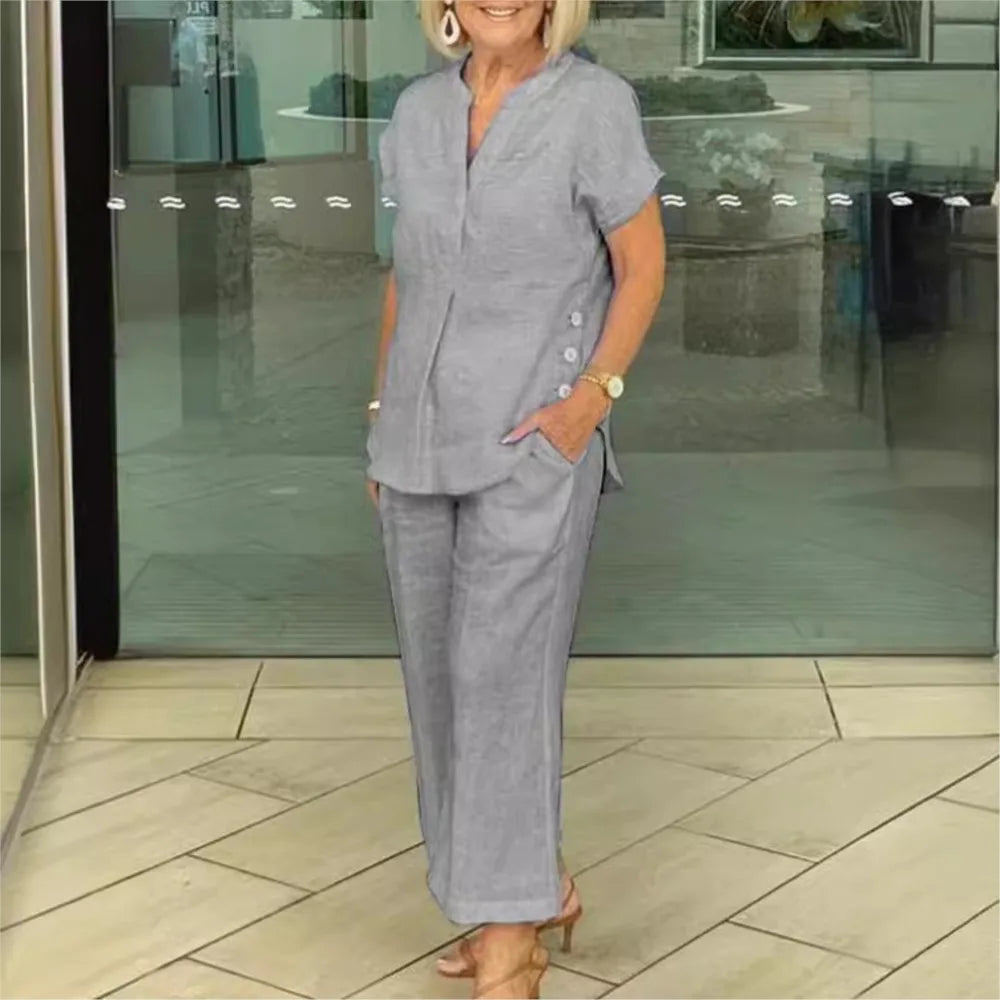 Conjunto Feminino de Camisa de Algodão e Linho