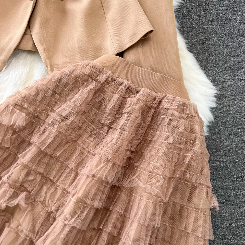 Conjunto de Saia Faionable Cintura Alta em Camadas