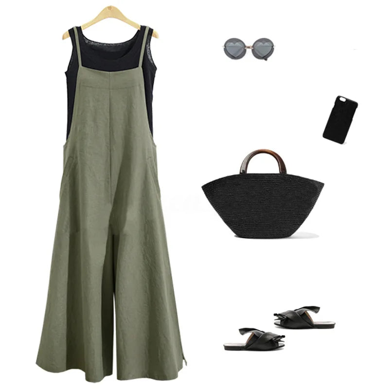 Jardineira com alças, calças pantalona.