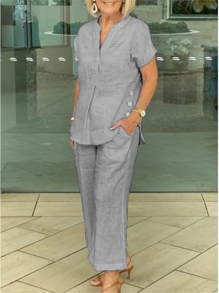 Conjunto Feminino de Camisa de Algodão e Linho