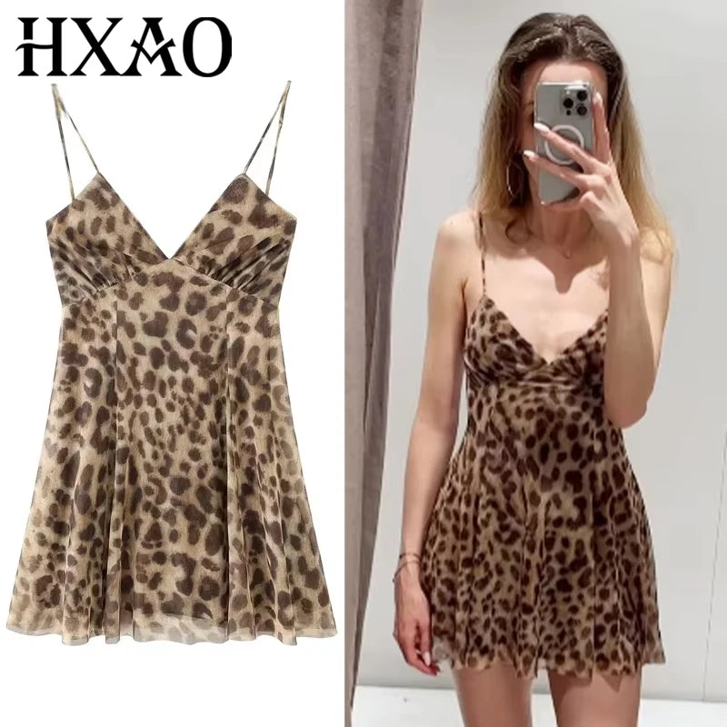 Vestido  Leopard Slip  Mini em Tule Estampado,
