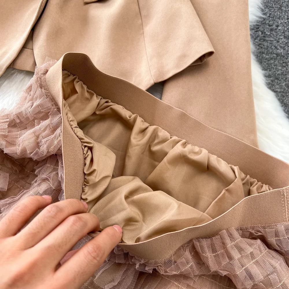 Conjunto de Saia Faionable Cintura Alta em Camadas