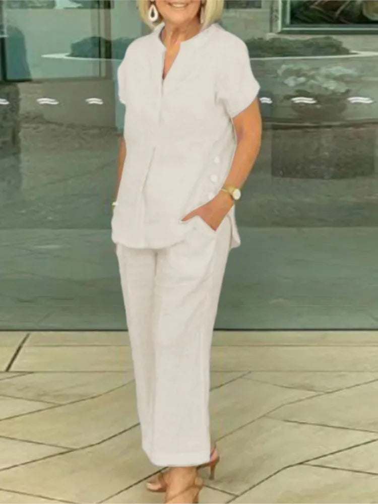 Conjunto Feminino de Camisa de Algodão e Linho