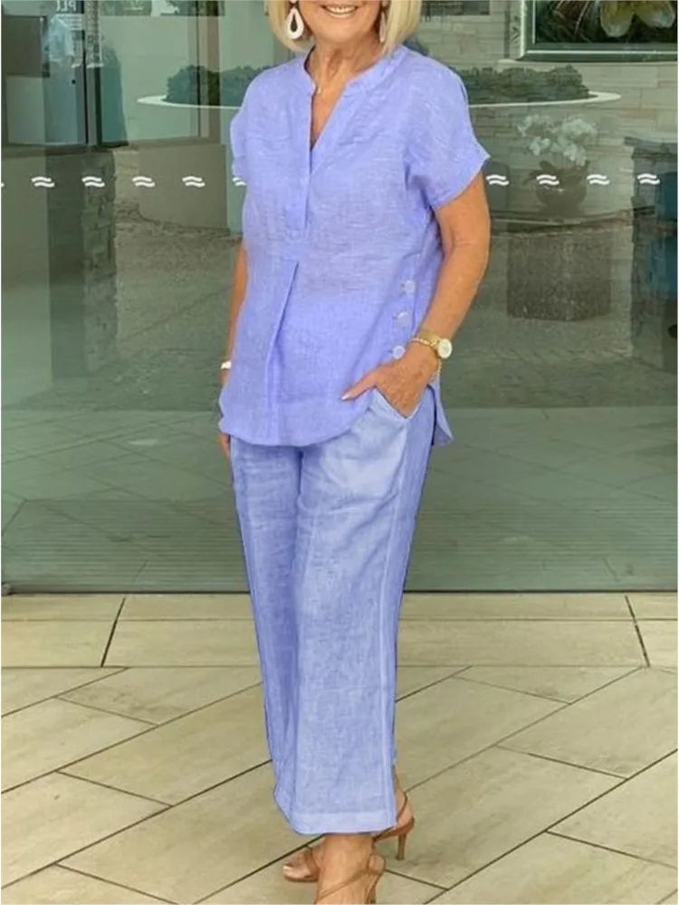 Conjunto Feminino de Camisa de Algodão e Linho