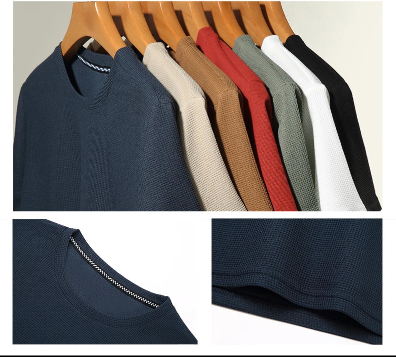 Nova camiseta masculina de manga curta com gola redonda e textura waffle para o verão.