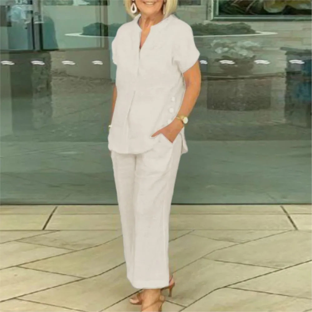 Conjunto Feminino de Camisa de Algodão e Linho