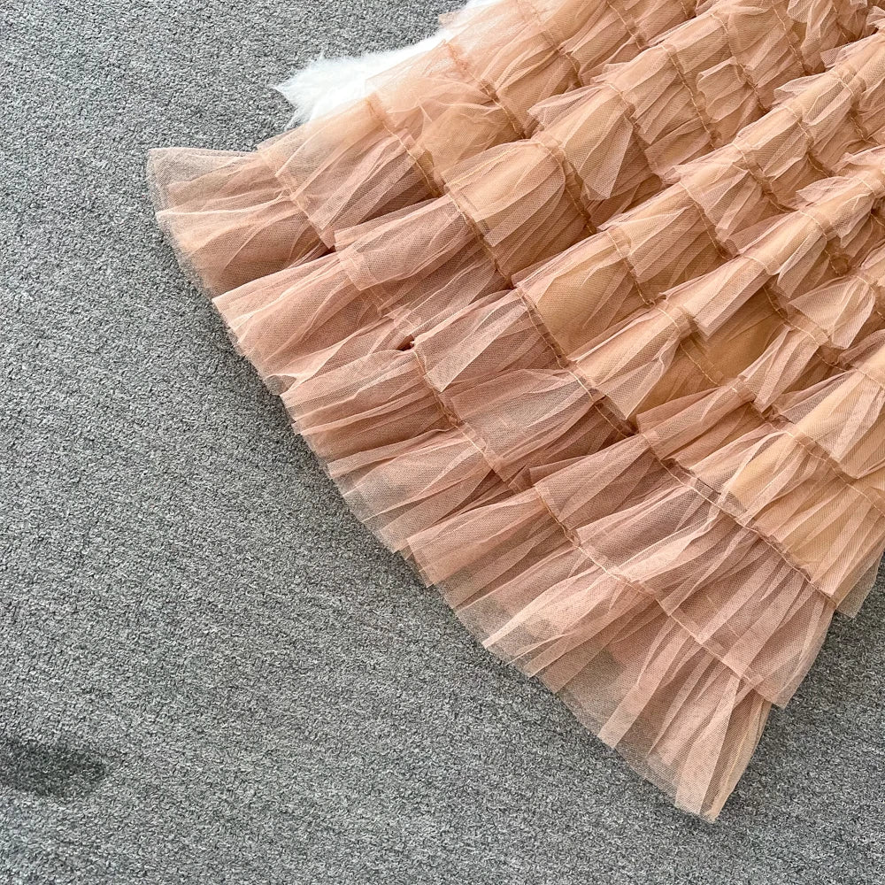 Conjunto de Saia Faionable Cintura Alta em Camadas