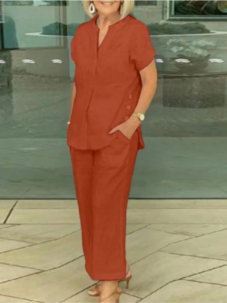 Conjunto Feminino de Camisa de Algodão e Linho