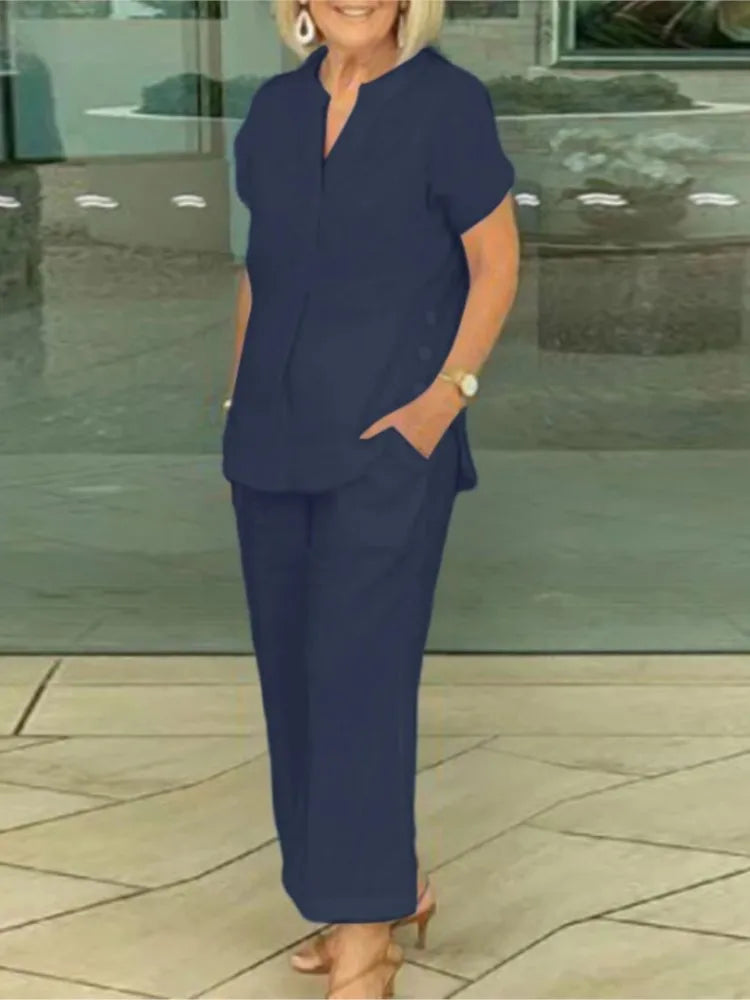 Conjunto Feminino de Camisa de Algodão e Linho