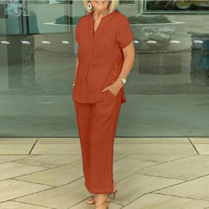 Conjunto Feminino de Camisa de Algodão e Linho