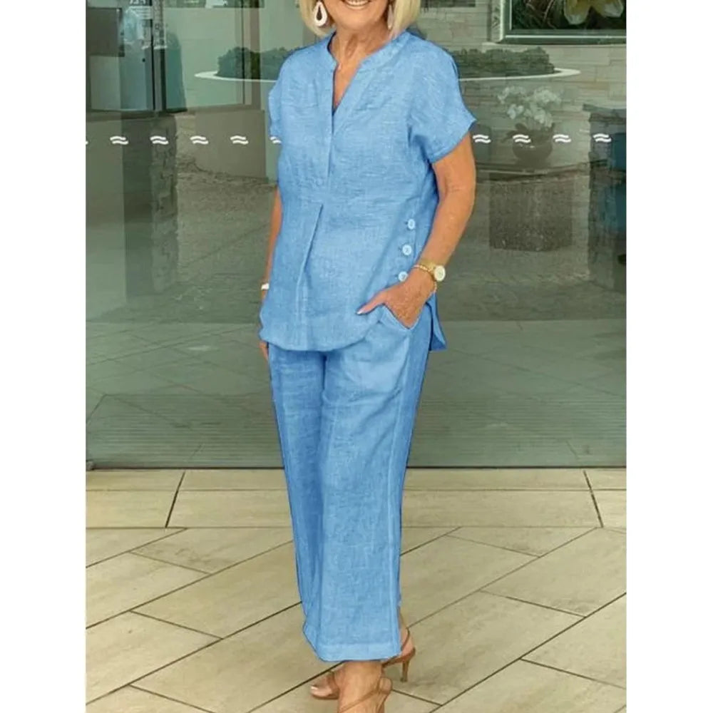 Conjunto Feminino de Camisa de Algodão e Linho