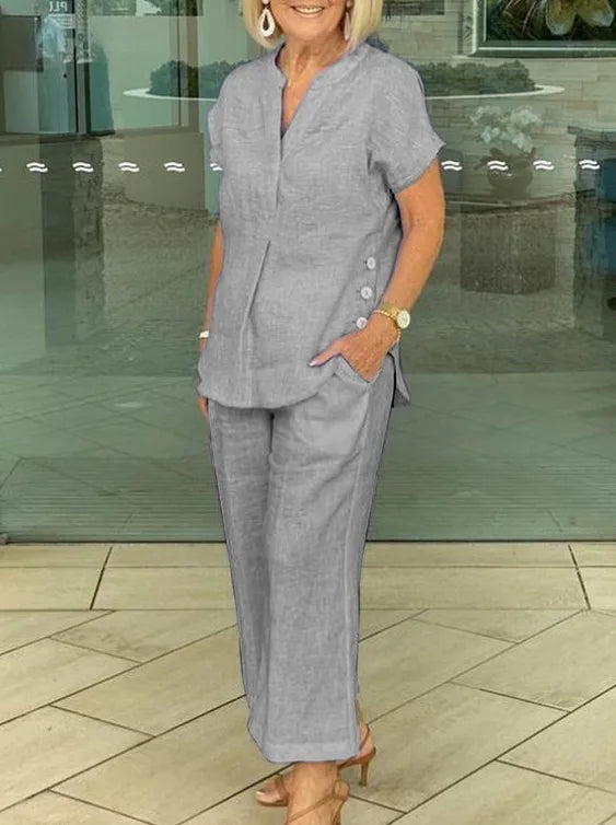 Conjunto Feminino de Camisa de Algodão e Linho